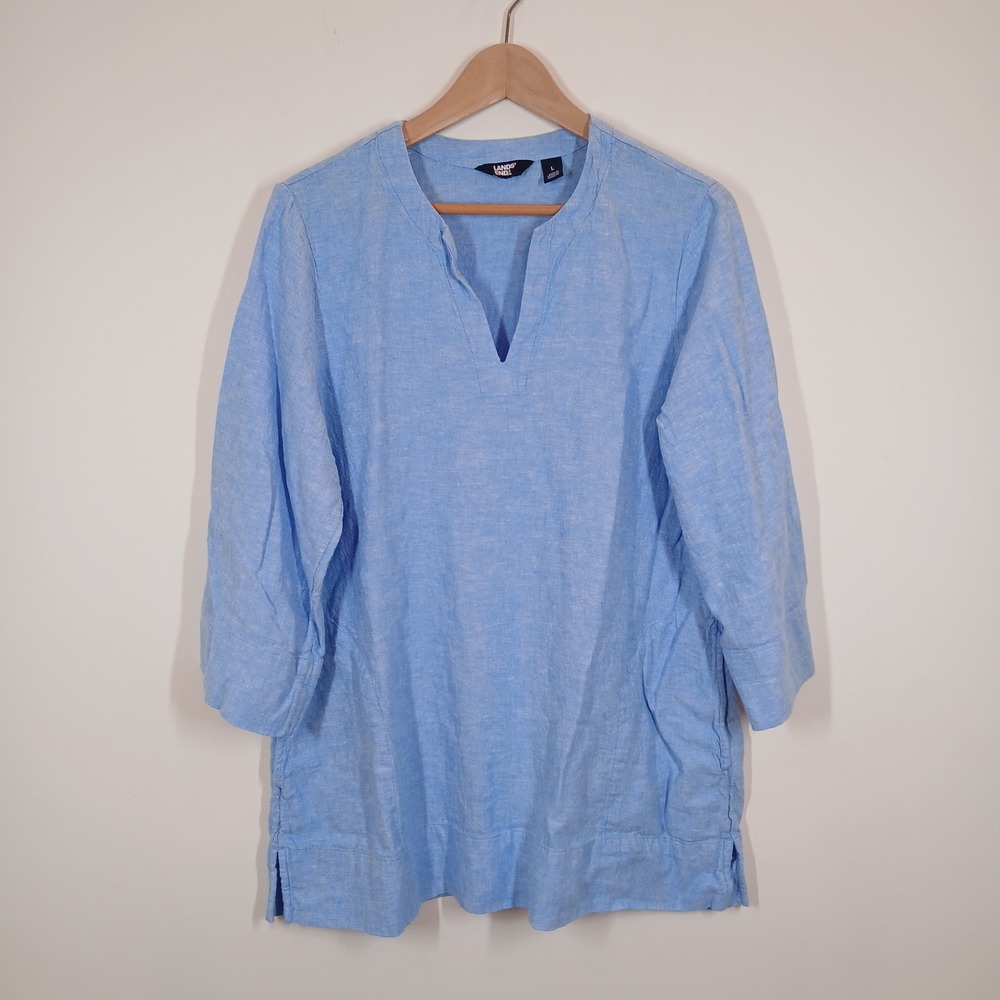 Lands' End Tunic Women Large Blue Linen Blend Coastal Casual Relaxed Split Neck